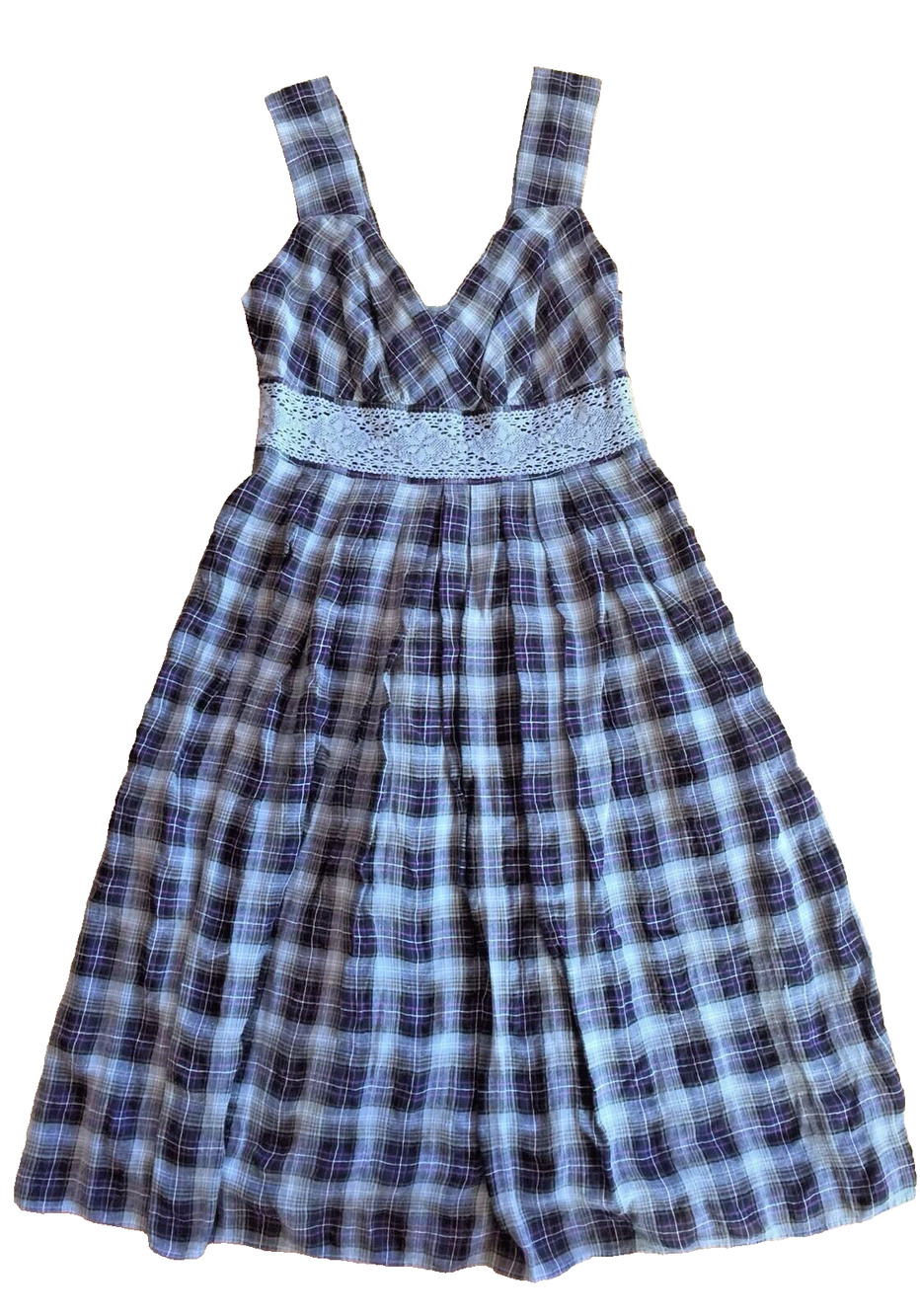 SUNDANCE Cottagecore Peasant Plaid Cotton Dress / Jumper / Tunic w Lace 4 S XS